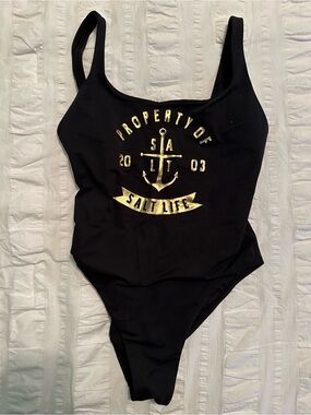 Salt Life Black Gold Anchor Logo One Piece Swimsuit Small Live Salty